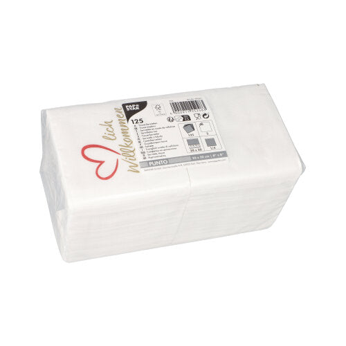 Servietten, 2-lagig "PUNTO" 1/4-Falz 20 cm x 20 cm weiss "Herzlich Willkommen & Guten Appetit"