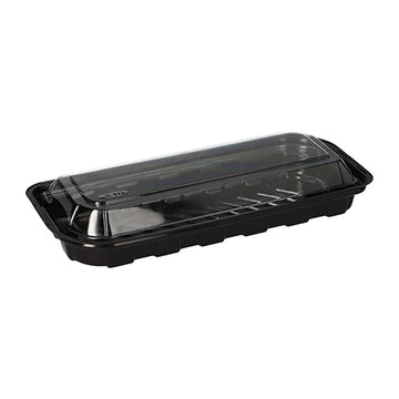 Sushi-Schalen R-PET rechteckig 21 cm x 8,8 cm x 4,3 cm schwarz mit transparentem Deckel