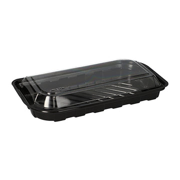Sushi-Schalen R-PET rechteckig 21 cm x 11 cm x 4,3 cm schwarz mit transparentem Deckel