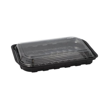 Sushi-Schalen R-PET rechteckig 21 cm x 13 cm x 4,3 cm schwarz mit transparentem Deckel