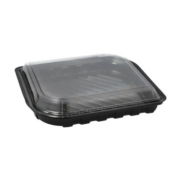 Sushi-Schalen R-PET rechteckig 21 cm x 18 cm x 4,3 cm schwarz mit transparentem Deckel