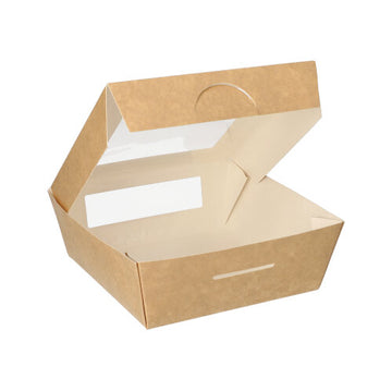 Feinkostboxen, Pappe mit Sichtfenster aus PLA eckig 750 ml 14 cm x 14 cm x 5 cm braun
