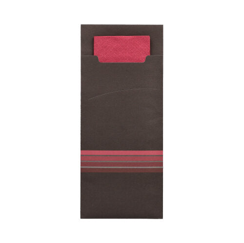Bestecktaschen 20 cm x 8,5 cm schwarz/bordeaux "Stripes" inkl. farbiger Serviette