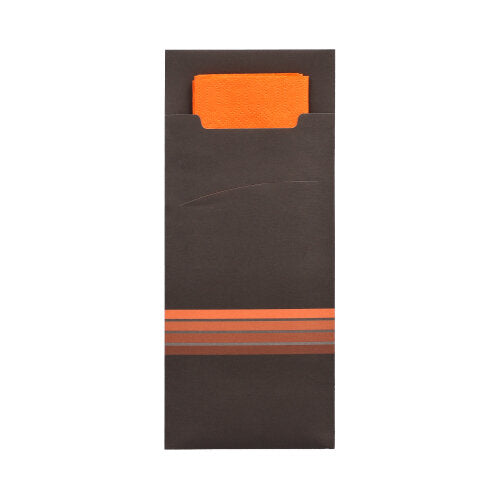 Bestecktaschen 20 cm x 8,5 cm schwarz/orange "Stripes" inkl. farbiger Serviette