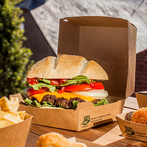 Burgerboxen, Pappe 8,5 cm x 15,5 cm x 15,5 cm braun "100% Fair" extra groß