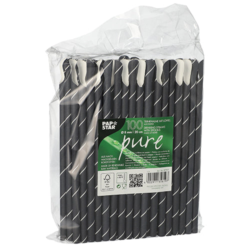 Trinkhalme mit Löffel, Papier Ø 8 mm · 20 cm schwarz/weiss "Stripes"