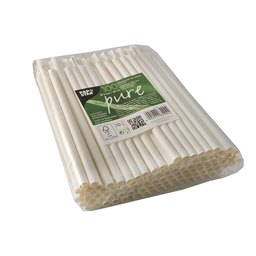 Trinkhalme mit Löffel, Papier "pure" Ø 8 mm · 20 cm weiss
