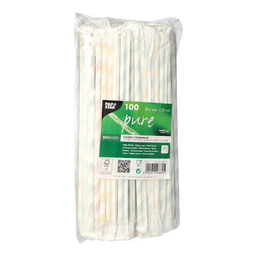 Trinkhalme, flexibel, Papier Ø 6 mm · 20 cm farbig sortiert "Stripes" einzeln gehüllt