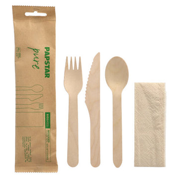 Bestecksets, Holz "pure" : Messer, Gabel, Löffel, Serviette in Papierbeutel