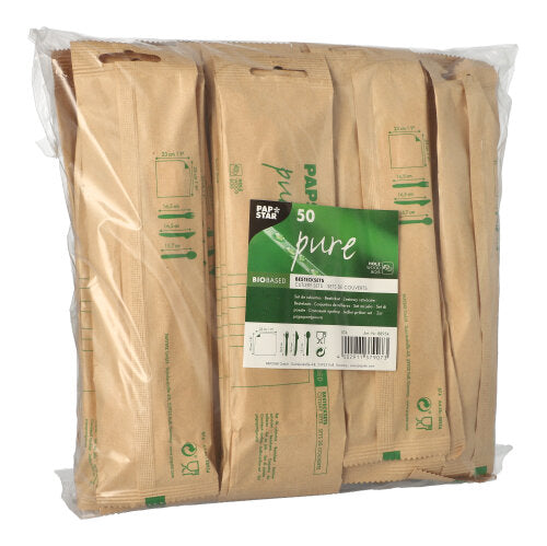 Bestecksets, Holz "pure" : Messer, Gabel, Löffel, Serviette in Papierbeutel