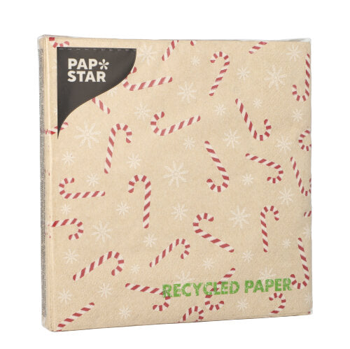 Servietten, 3-lagig 1/4-Falz 33 cm x 33 cm natur "Candy Canes" aus recyceltem Papier