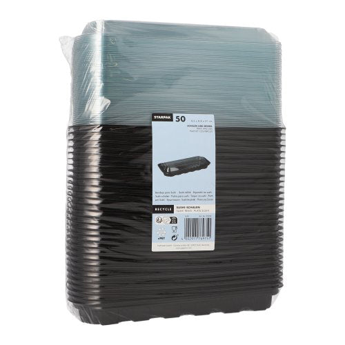 Sushi-Schalen R-PET rechteckig 21 cm x 8,8 cm x 4,3 cm schwarz mit transparentem Deckel