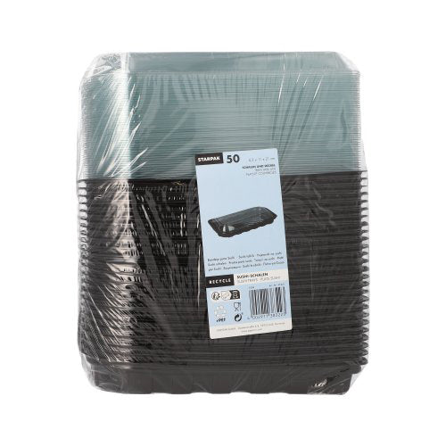 Sushi-Schalen R-PET rechteckig 21 cm x 11 cm x 4,3 cm schwarz mit transparentem Deckel