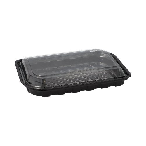 Sushi-Schalen R-PET rechteckig 21 cm x 13 cm x 4,3 cm schwarz mit transparentem Deckel