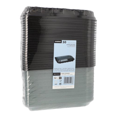 Sushi-Schalen R-PET rechteckig 21 cm x 13 cm x 4,3 cm schwarz mit transparentem Deckel