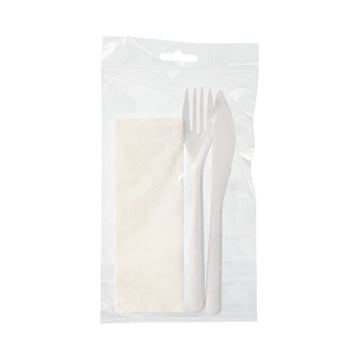 Mehrweg-Bestecksets PP-MF 22 cm weiss : Messer, Gabel, Serviette in Folienbeutel