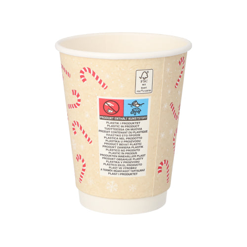 Trinkbecher, Pappe 0,3 l Ø 9 cm · 11,2 cm natur "Candy Canes " doppelwandig