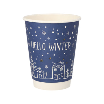 Trinkbecher, Pappe 0,3 l Ø 9 cm · 11,2 cm blau "Hello Winter" doppelwandig