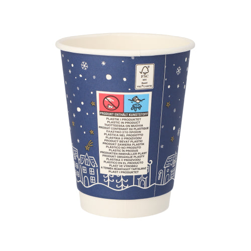 Trinkbecher, Pappe 0,3 l Ø 9 cm · 11,2 cm blau "Hello Winter" doppelwandig