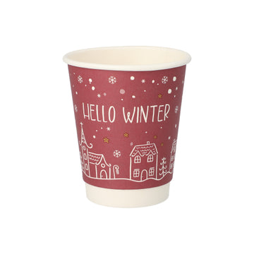 Trinkbecher, Pappe 0,2 l Ø 8 cm · 9,3 cm rot "Hello Winter" doppelwandig