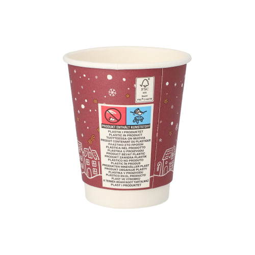 Trinkbecher, Pappe 0,2 l Ø 8 cm · 9,3 cm rot "Hello Winter" doppelwandig