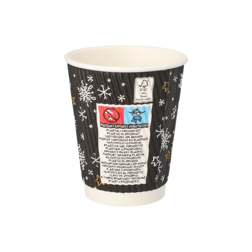 Trinkbecher, Pappe 0,2 l Ø 8 cm · 9 cm schwarz "Stars & Snowflakes" Ripple Wall