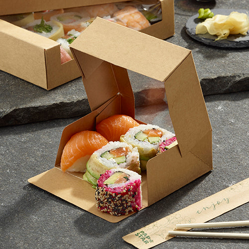 Sushi-Schalen, Pappe eckig 4,5 cm x 12 cm x 10 cm braun