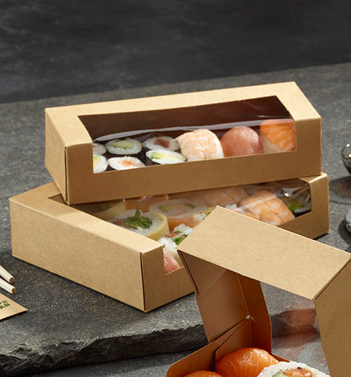 Sushi-Schalen, Pappe eckig 4,5 cm x 19,5 cm x 14 cm braun