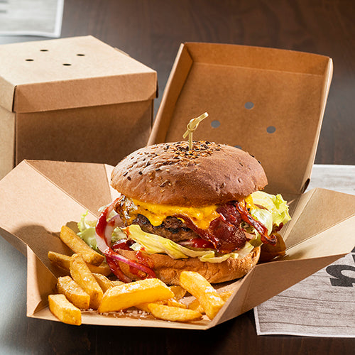 Burgerboxen, Pappe "pure" 10 cm x 13 cm x 13 cm braun faltbar, klein