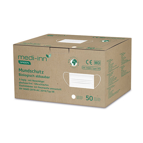 "Medi-Inn GREEN" Mundschutz Type IIR 3-lagig 9,5 cm x 17,5 cm weiss 3-lagig, biologisch abbaubar
