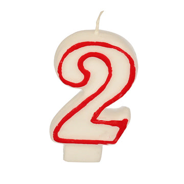 Zahlenkerze 7,3 cm weiss "2" mit rotem Rand