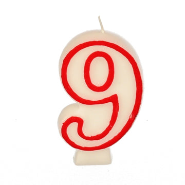 Zahlenkerze 7,3 cm weiss "9" mit rotem Rand