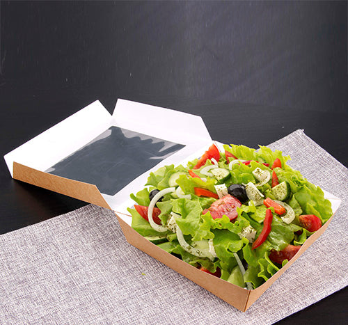 Feinkostboxen, Pappe mit Sichtfenster aus PLA eckig 750 ml 14 cm x 14 cm x 5 cm braun