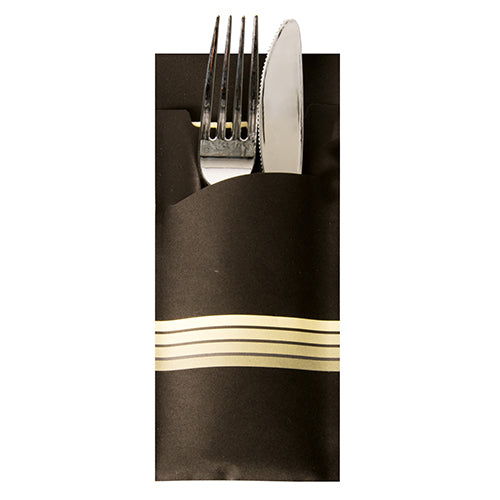 Bestecktaschen 20 cm x 8,5 cm schwarz/creme "Stripes" inkl. farbiger Serviette