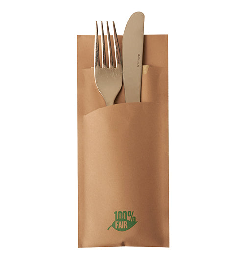 Bestecktaschen 20 cm x 8,5 cm braun "100% Fair" inkl. naturfarbener Recycling-Serviette