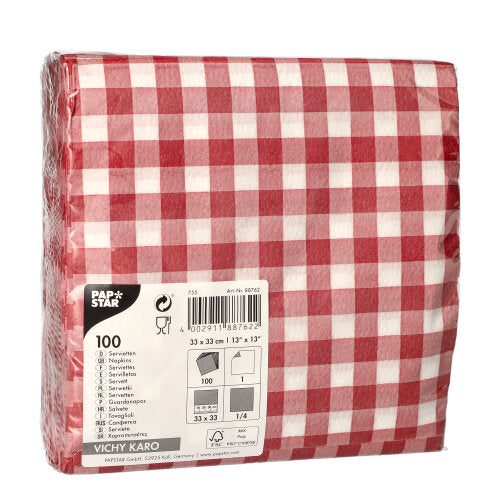Servietten, 1-lagig 1/4-Falz 33 cm x 33 cm rot/weiss "Vichy Karo"