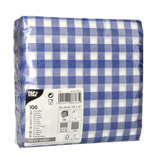 Servietten, 1-lagig 1/4-Falz 33 cm x 33 cm blau/weiss "Vichy Karo"