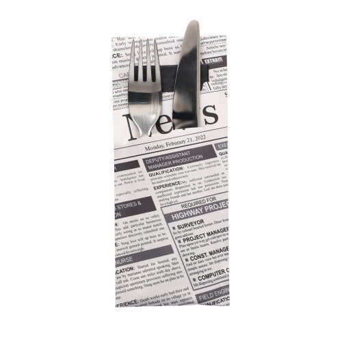 Bestecktaschen 20 cm x 8,5 cm schwarz/weiss "Newsprint" inkl. schwarzer Serviette