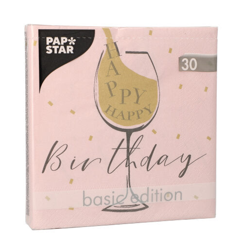 Servietten, 3-lagig 1/4-Falz 33 cm x 33 cm rosa "Happy Birthday"