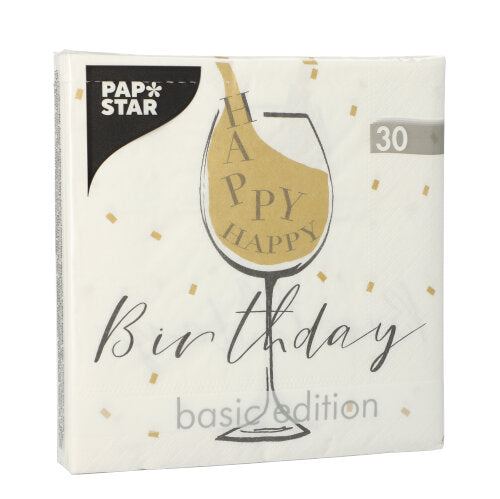 Servietten, 3-lagig 1/4-Falz 33 cm x 33 cm weiss "Happy Birthday"
