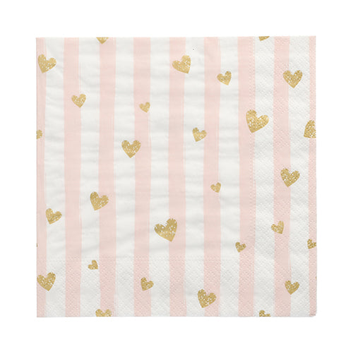 Servietten, 3-lagig 1/4-Falz 33 cm x 33 cm pink "Golden Hearts"