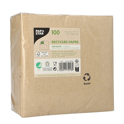 Servietten, 3-lagig 1/4-Falz 33 cm x 33 cm natur aus recyceltem Papier