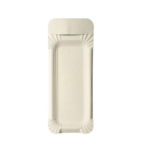 Teller, Pappe [ff] eckig 8 cm x 21 cm weiss mit Anfasser